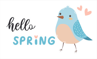 Spring phrase, quote, cute bird in flat style on a white background, spring illustration, prints design positive phrases for stickers card