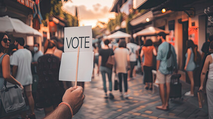 Person holding a VOTE sign in a busy street market with people walking bustling atmosphere and tents in background
