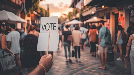 Fotobehang Person holding a VOTE sign in a busy street market with people walking bustling atmosphere and tents in background © woret