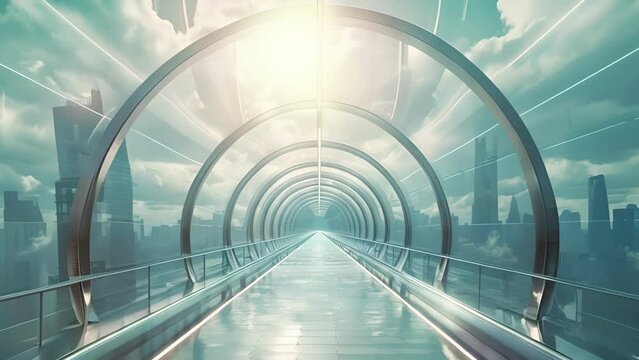 A mesmerizing view of the city skyline from inside a futuristic glass tunnel offering a surreal experience of being surrounded by the urban landscape.