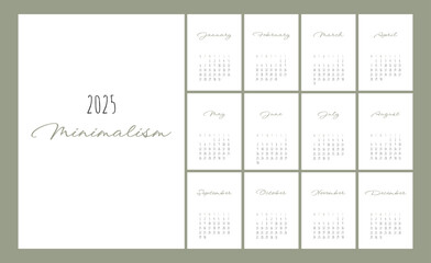 Calendar 2025 Trendy Minimalist Style. Set of 12 pages desk calendar. 2025 minimal calendar planner design for printing template. vector illustration	