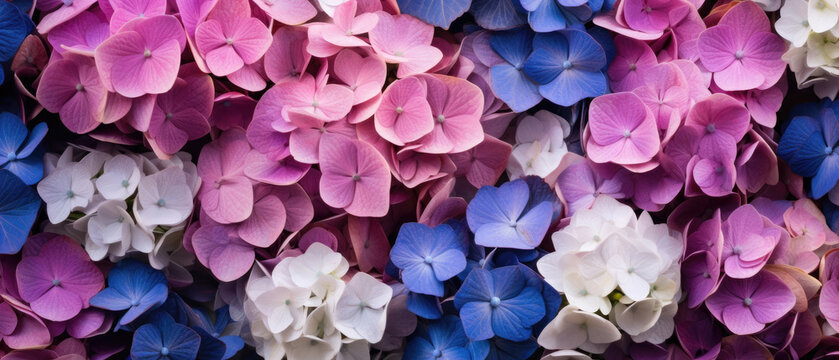 Top view background of bunch of blooming blue purple Hydrangea flowers floral petals plant created with Generative AI Technology