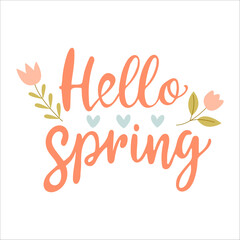 Hello spring vector quotes, floral spring hand drawn prints, cute flowers in pastel colors on white background, positive phrases design for stickers