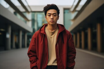 Portrait of a young handsome asian man in red jacket.