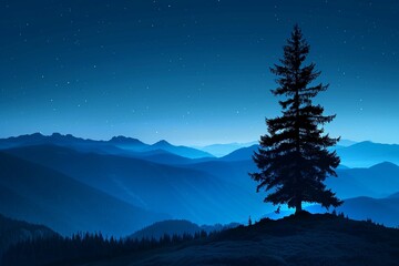 Blue night sky with pine tree silhouette on mountain landscape