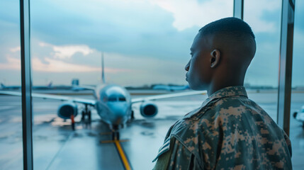A soldier standing inside an airport terminal waiting for flight ,deployment refers to activities required to move military personnel and materials from a home installation to a specified destination