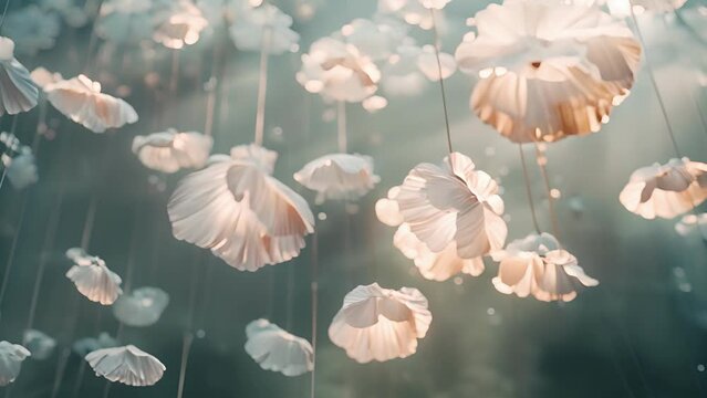 A dreamlike scene of ethereal blown glass flowers suspended from the ceiling and gently swaying evoking a sense of wonder and tranquility.