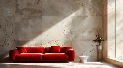 interior with red sofa stone wall panel backlight and decor