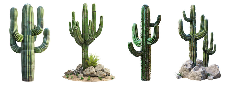Collection of Saguaro cactus, carnegiea, gigantea. isolated transparent background. 3d render, PNG, cutout