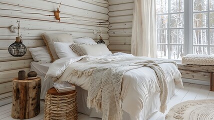 Fototapeta na wymiar Log cabin bedroom in white and beige tones Double bed with blanket and duvet wooden side tables