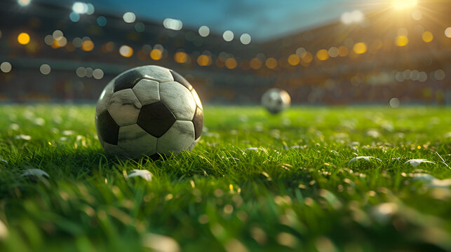 Soccer ball in football stadium. generative ai
