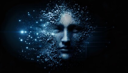 Human face of Artificial Intelligence dissolved into space. The New Face of AI