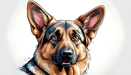 Illustration of german shepherd portrait on white background. Vector drawn by hand art of cute cartoon dog head. Colorful picture of drawing doggy. Animal sketch by free hand. - obrazy, fototapety, plakaty