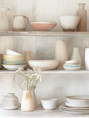Wall art decoration. Neatly arranged ceramics on a wooden shelf with cups, plates, bowls, and flowers in vases.