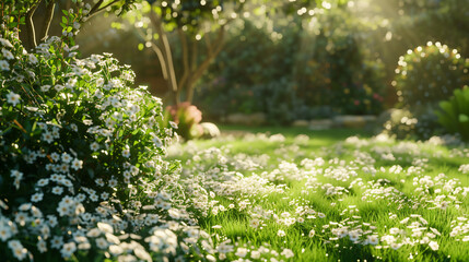 Sprawling Gypsophila bush in a sunlit garden, vibrant green background