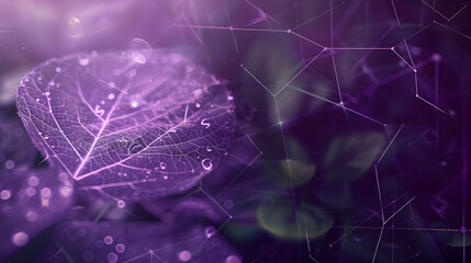 A partially transparent leaf with animated eco - friendly icons, with a tech grid overlay, against a deep purple background.