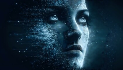 Human face of Artificial Intelligence dissolved into space. The New Face of AI