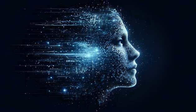 Human face of Artificial Intelligence dissolved into space. The New Face of AI
