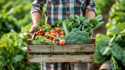 farmer holding wooden box full of fresh vegetables. harvesting season. basket with vegetables in...