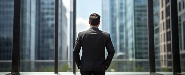 Happy middle aged business person ceo wearing suit standing in office with winning trophi. Smiling mature businessman professional executive.