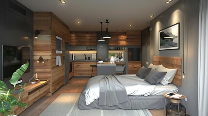 Modern grey and wooden interior of small studio apartment Front view of hotel flat room witn kitchen