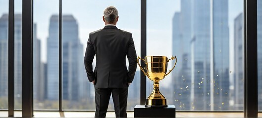 Happy middle aged business person ceo wearing suit standing in office with winning trophi. Smiling mature businessman professional executive.