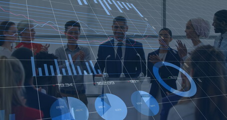 Image of data processing over diverse business people talking