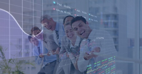 Image of data processing over diverse business people pulling line