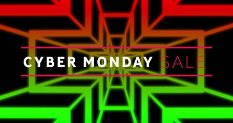 Image of cyber monday sale text over shapes on black background