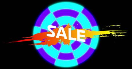 Image of sale text over moving shapes