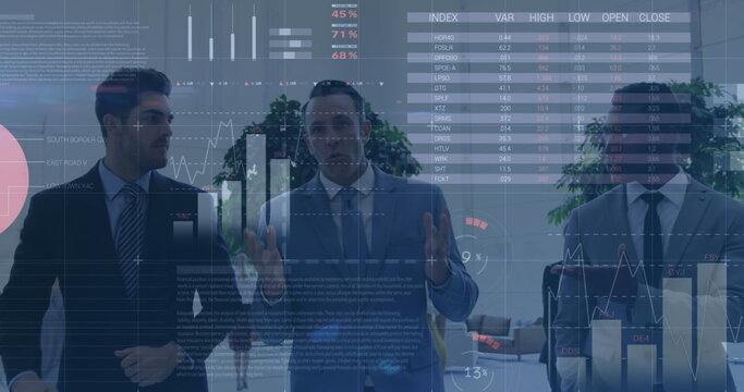 Image of data processing over diverse businessmen talking