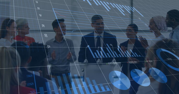 Image of data processing over diverse business people talking - Powered by Adobe