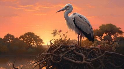 Naklejka premium A beautiful oil painting of a stork in its nest during