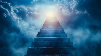 Stairway to heaven in heavenly concept. Religion background. Stairway to paradise in a spiritual concept. Stairway to light in spiritual fantasy. Path to the sky and clouds. God light 