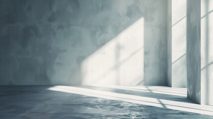 abstract. minimalistic background for product presentation. walls in  large empty room greyish white. can full of sunlight. Loft wall or minimalist wall. Shadow, light from windows to plaster wall.