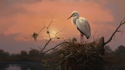 A beautiful oil painting of a stork in its nest during