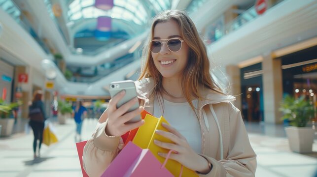Modern happy Female lifestyle fashion portrait. beautiful attractive young woman girl enjoy stylish walk with shopping bag packages and use smartphone , trendy outfit on shopping mall, browse product