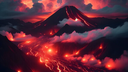 Volcanic Landscape Illuminated by Fiery Lava Flow Under Night Sky