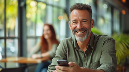 A contented man in casual attire is sitting in a cafe, holding a smartphone with a smile, possibly texting or browsing the internet. - obrazy, fototapety, plakaty