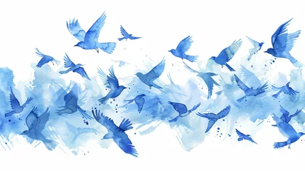 Fotobehang A flock of blue watercolor flying birds.  © Natia