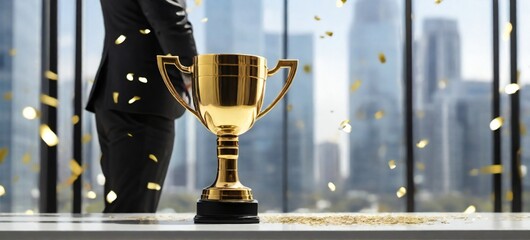 Happy middle aged business person ceo wearing suit standing in office with winning trophi. Smiling mature businessman professional executive.