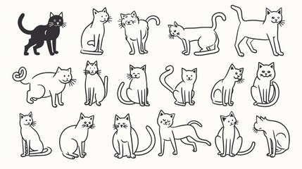 Cats in various poses. Outline style character design. Flat design style minimal modern illustration.