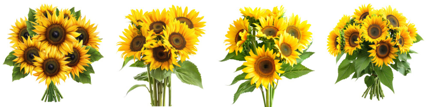 Collection of sunflowers bouquet isolated transparent background. PNG, cutout