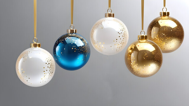 design glass transparent ornaments decoration hanging balls golden glitter confetti soft white white background. Christmas ball with decoration