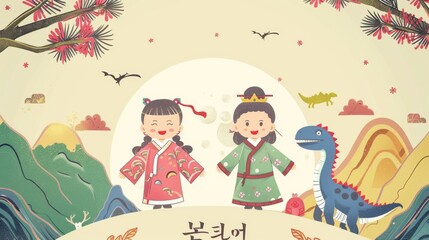 Obraz na płótnie Canvas New Year greeting card with cute children wearing Hanbok and dinosaur hats. Traditional background with mountains, pine branches, and a full moon.