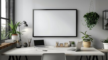 Office desk interior with mockup white wall