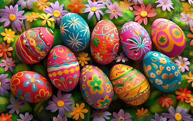 Fototapeta na wymiar Colorful easter eggs and flowers all over the place background. Colorful Hand-Painted Easter Eggs. Top view abstract background with colourful easter eggs