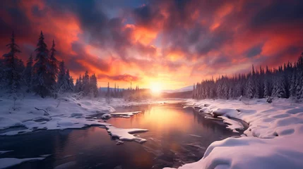 Foto op Plexiglas A picturesque winter landscape with a river snowcover © Natia