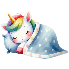 Sleeping unicorn in watercolor, wrapped in a heart-patterned blanket, ideal for nursery art and gentle decorations.