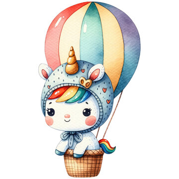 Cute watercolor illustration of a unicorn in a colorful hot air balloon, perfect for imaginative nursery art and decor.